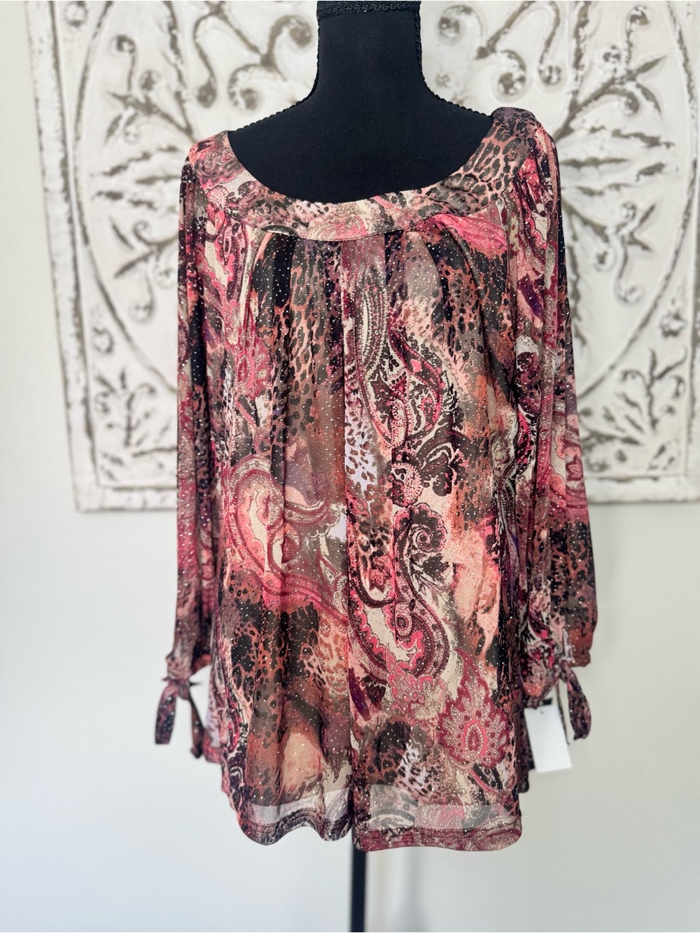 NWT Sara Michelle XL Paisley Animal Print Sparkle Tunic Top Tie Sleeve